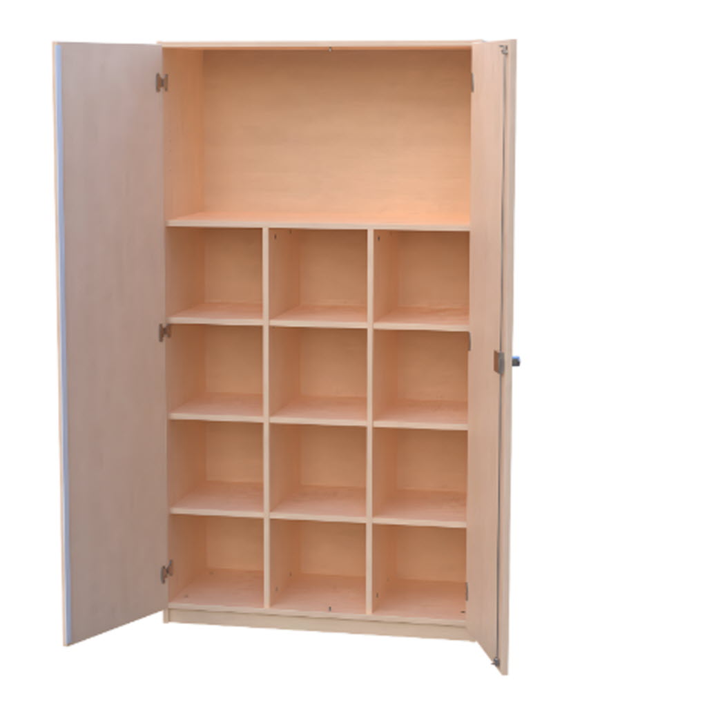 Klassenschrank, Schulmöbel, Materialschrank, Werkraumschrank, Schrank mit Fächern, Schrank 12 Fächer, abschließbarer Schrank, Buche Schrank, Lichtgrau Schrank