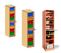 Materialschrank mit Tablarauszug, Schrank mit Kunststoffschubladen