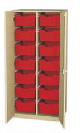 Schrank mit Boxen, Materialschrank mit Boxen, Materialschrank für Kindergarten, Flügeltürenschrank mit Eigentumsboxen, Schrank mit Boxen, Schrank mit Materialboxen